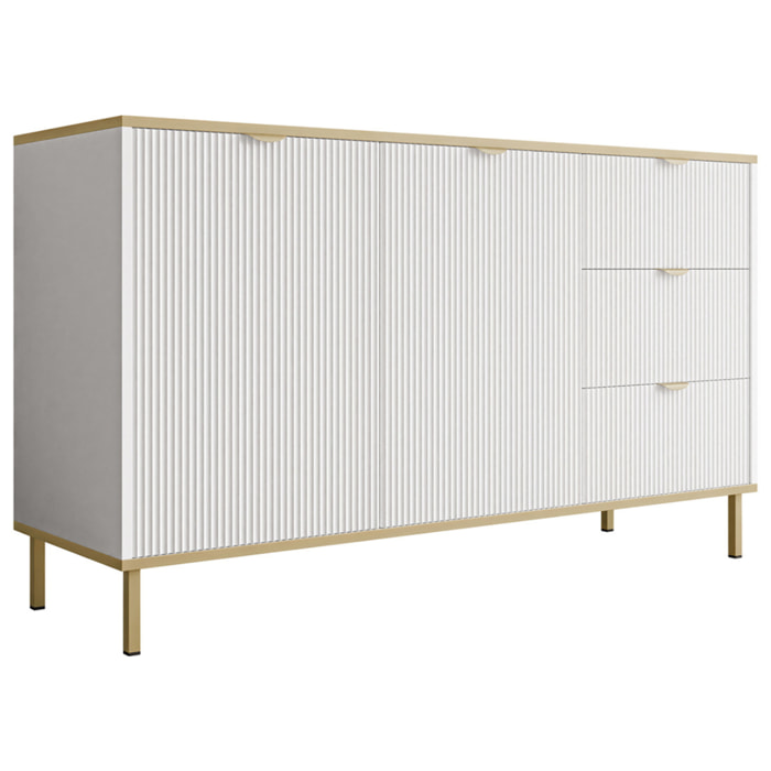 Hope - buffet bas 135 cm - 3 tiroirs et 2 portes - Blanc / Doré