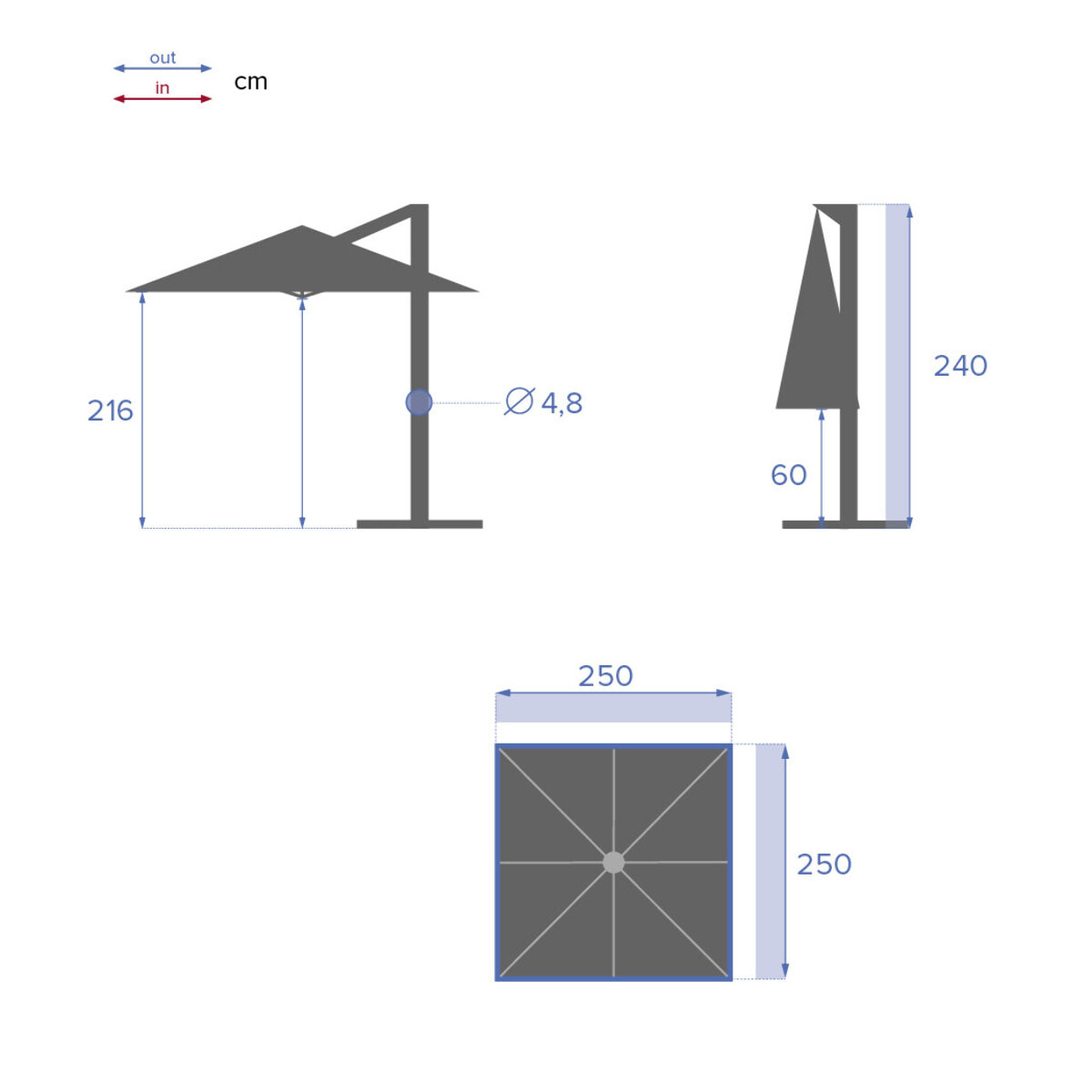 Parasol déporté carré "Manoa" bordeaux D2,5x2,5m en acier