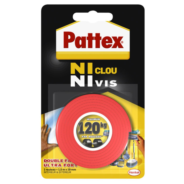 Pack de 2 - Pattex - Adhésif Fixation Ncnv Double Face 120Kg 19Mm*1.5M