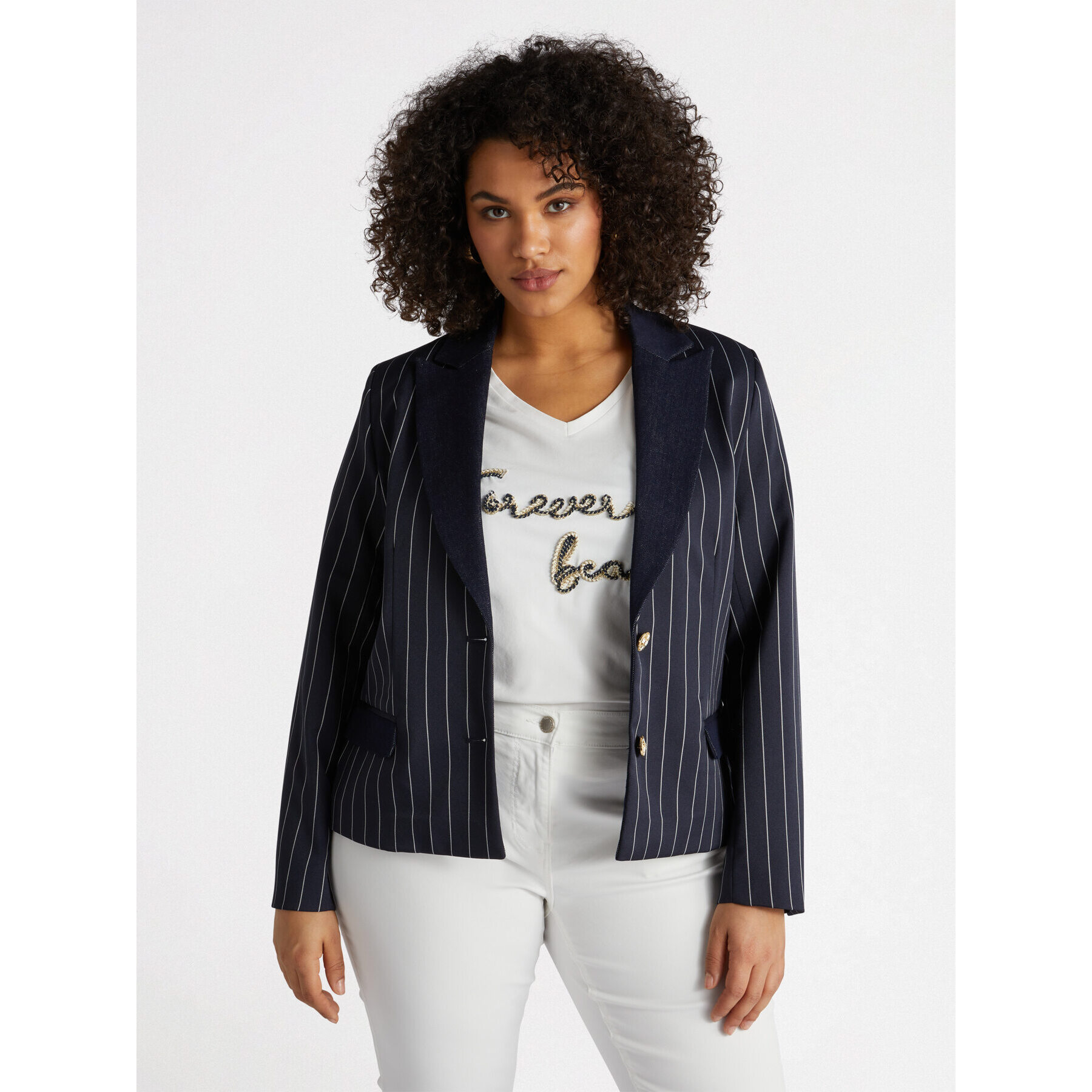 Fiorella Rubino - Blazer gessato con parti in denim - Blu