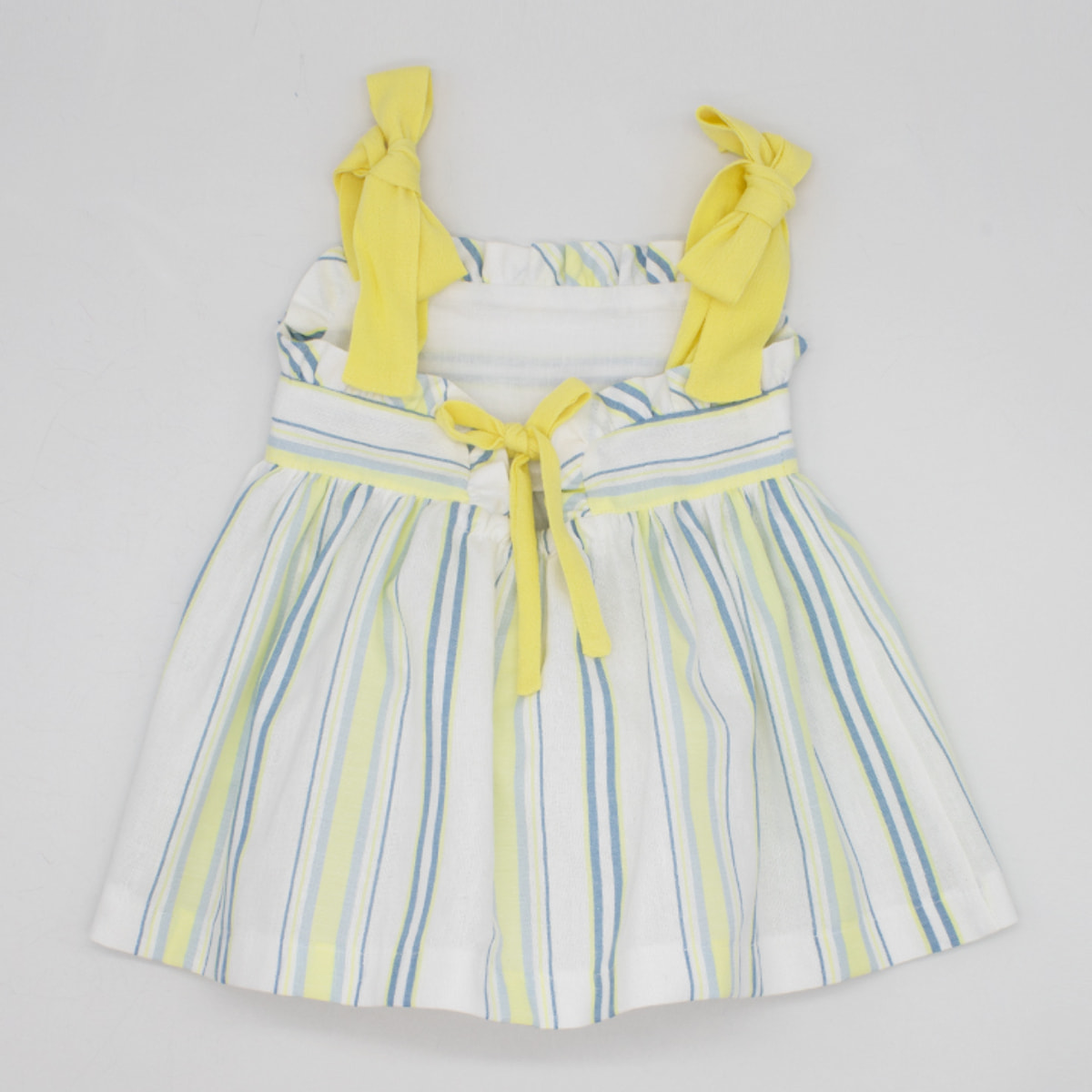 VESTIDO RAYAS AZUL Y AMARILLA TIRANTE LAZOS Y VOLANTITOS