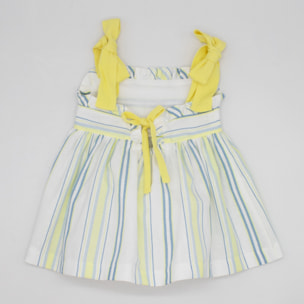 VESTIDO RAYAS AZUL Y AMARILLA TIRANTE LAZOS Y VOLANTITOS
