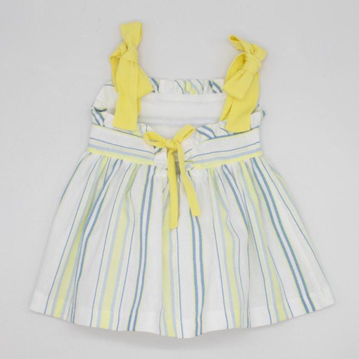 VESTIDO RAYAS AZUL Y AMARILLA TIRANTE LAZOS Y VOLANTITOS