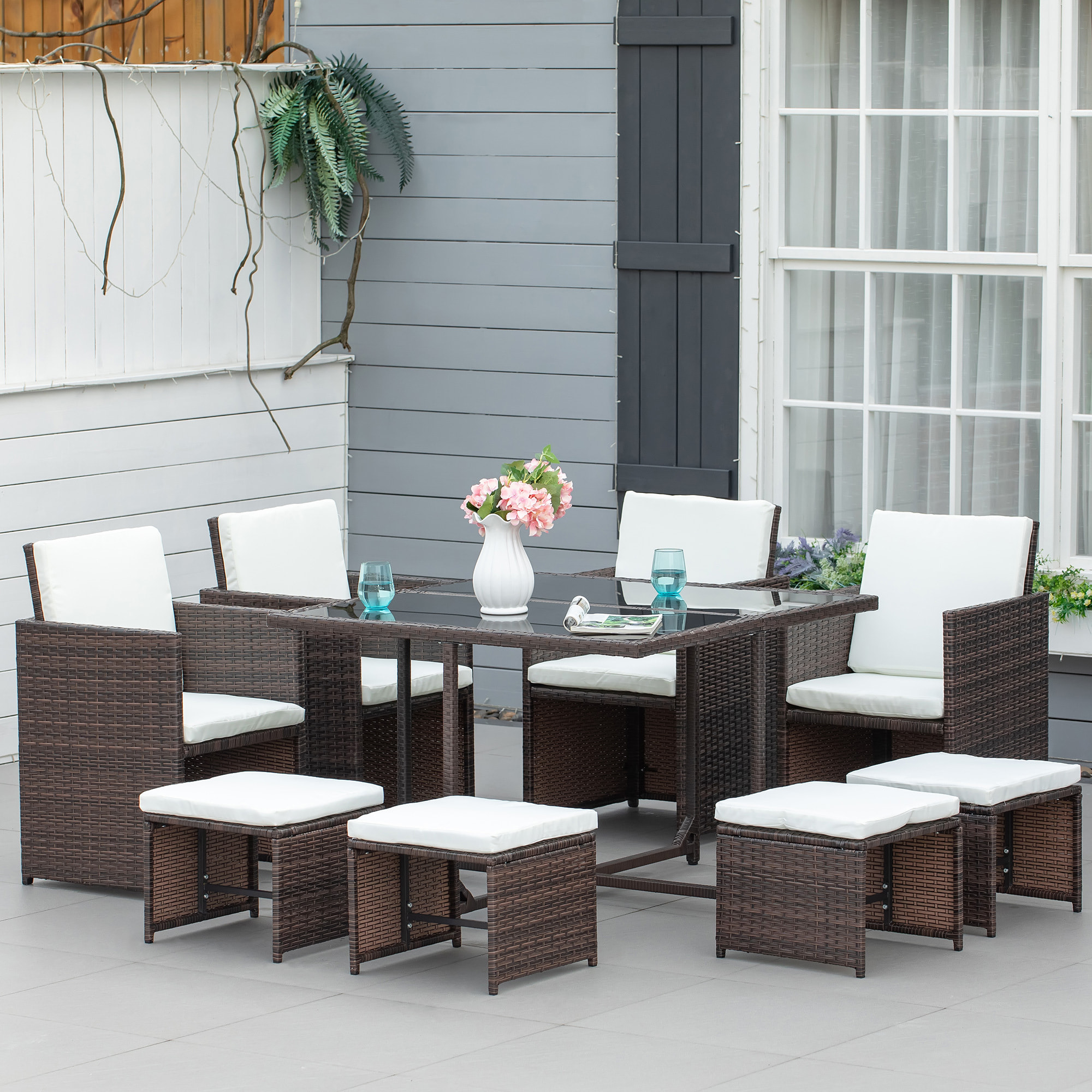 Conjunto de Muebles Jardín Comedor Apilable 9 Piezas de Ratán con Cojines Marrón