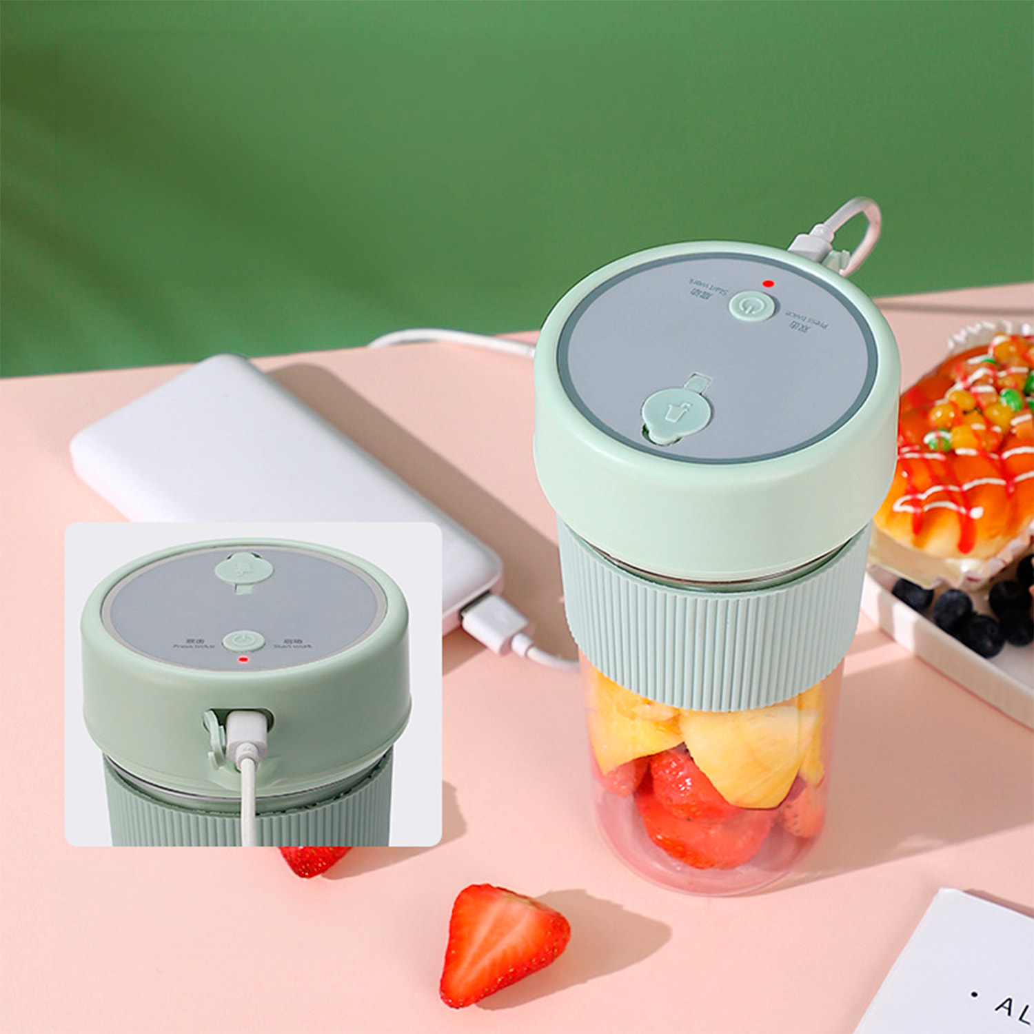 Frullatore portatile multifunzione da 350 ml con 6 lame in acciaio, sicurezza con doppio clic e batteria ricaricabile.