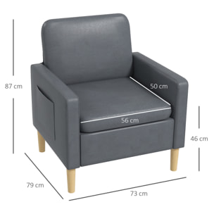 Butaca de Salón Sillón Relax con 2 Bolsillos Laterales Reposabrazos Asiento Acolchado y Patas de Madera Sofá Individual de Moderno para Dormitorio 73x79x87 cm Gris