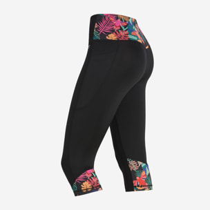 Leggings corsaro vita alta con inserti stampa tropicale