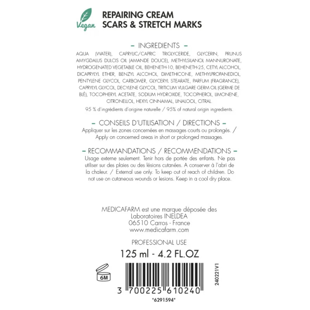 MEDICAFARM - Crème réparatrice DERMA-REGEN au silicium - Aide à réduire l'aspect des cicatrices et vergetures - Favorise une meilleure élasticité de la peau - Lot de 2 tubes de 125 ml