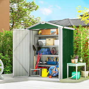 Caseta de Jardín Exterior 1,1 m², 133x87x178 cm, Cobertizo de Jardín Exterior Metálico con Puertas Correderas, Techo Inclinado y Guantes, para Almacenaje de Herramientas Bicicletas, Verde