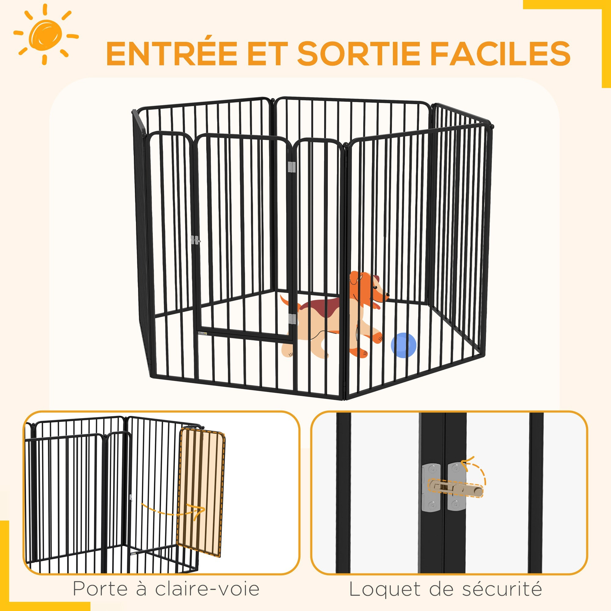 Parc enclos modulable pour chien 6 panneaux avec porte acier époxy noir