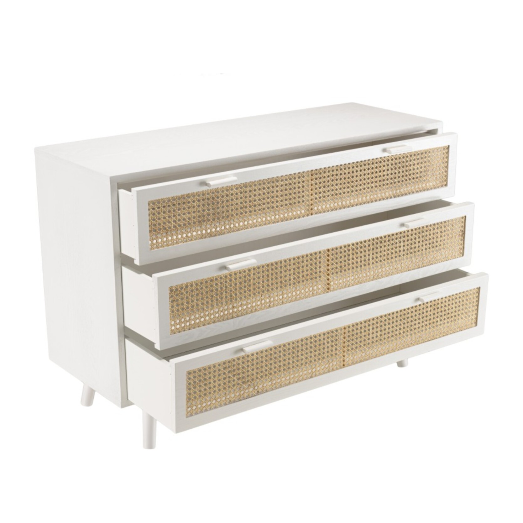 SANDRO - Commode blanche 3 tiroirs cannage naturel