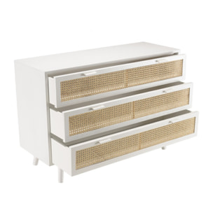 SANDRO - Commode blanche 3 tiroirs cannage naturel