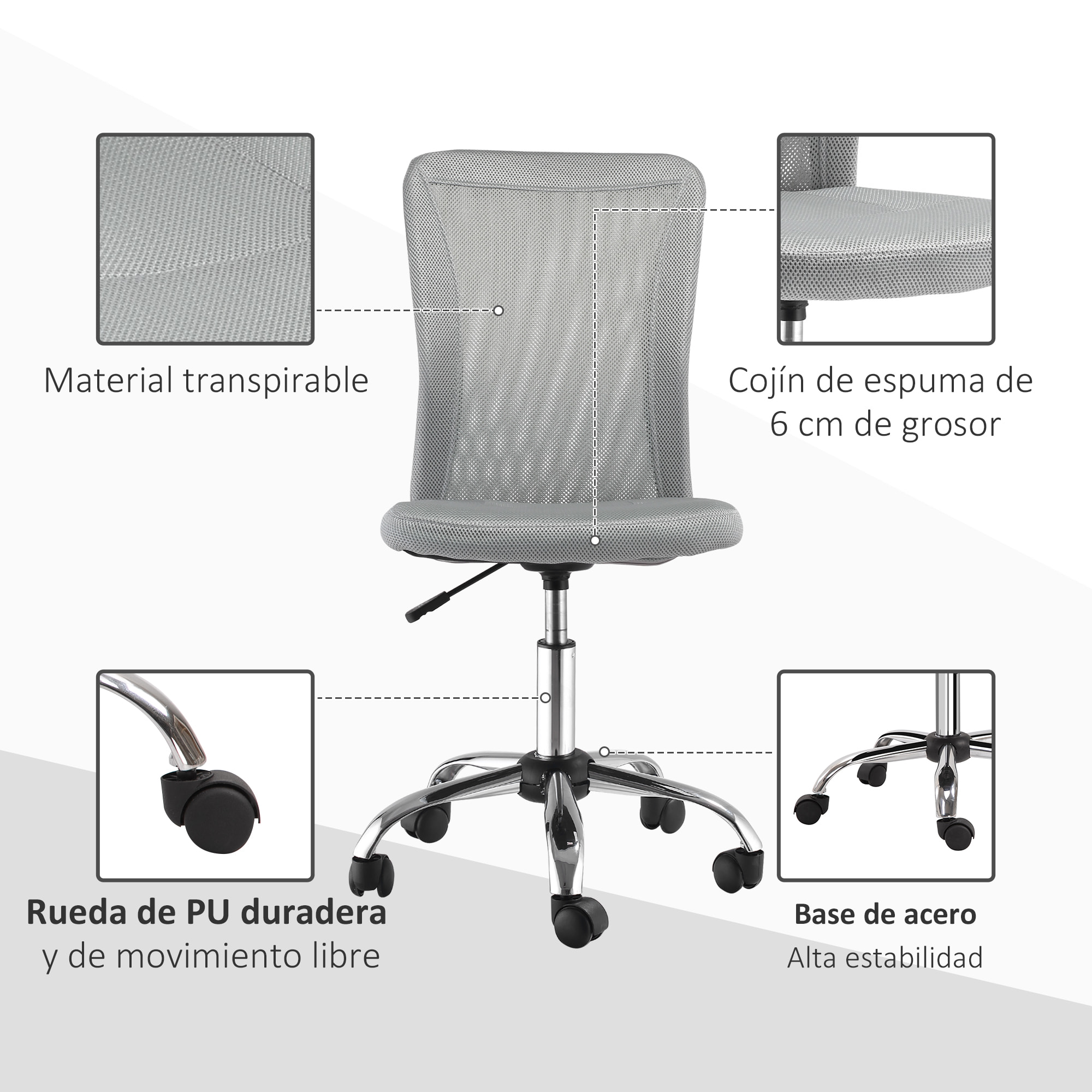 Silla de Oficina de Malla Silla de Escritorio Giratoria sin Brazos con Altura Ajustable Carga 100 kg para Estudio Despacho 43x58x90-100 cm Gris