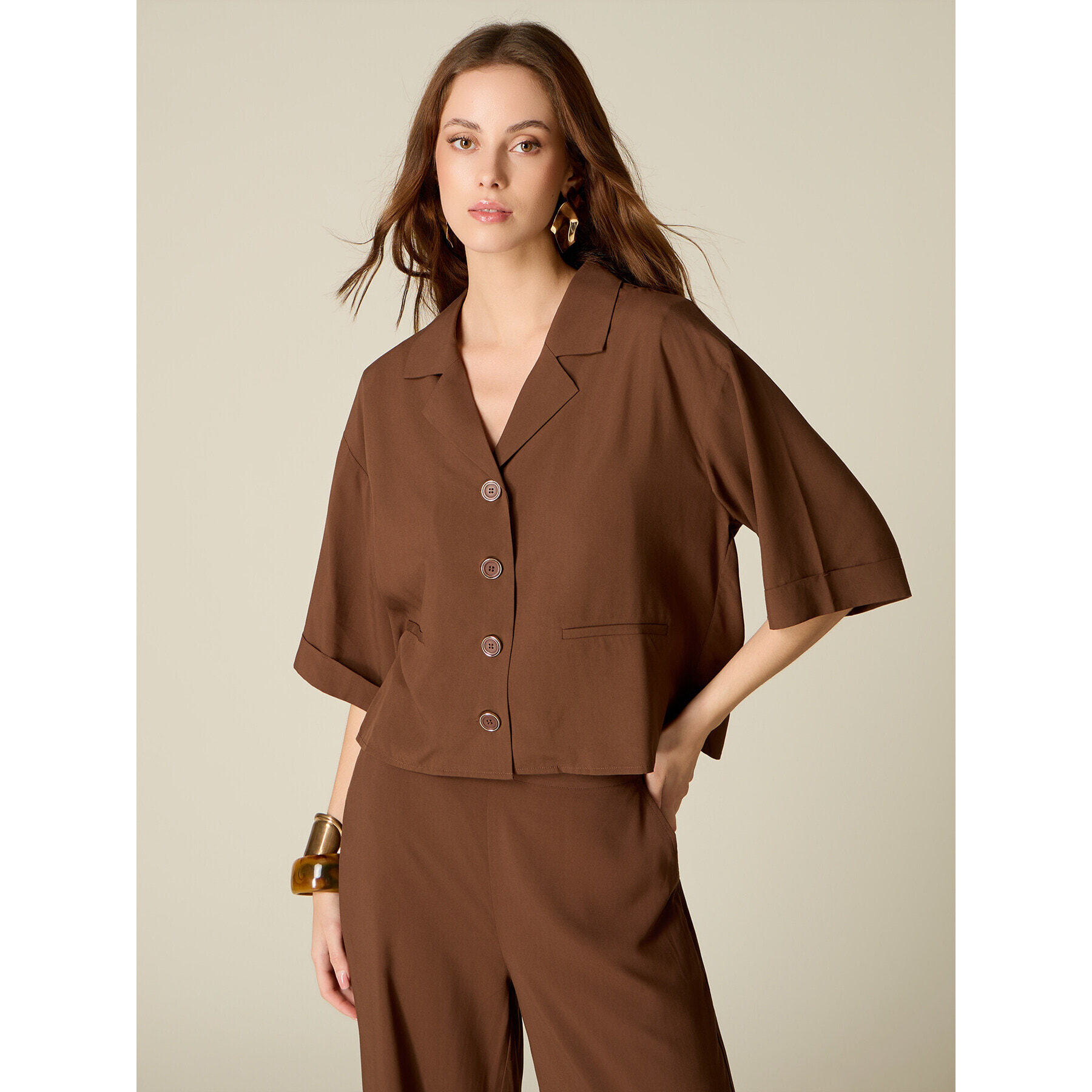 Oltre - Camicia cropped in viscosa - Marrone