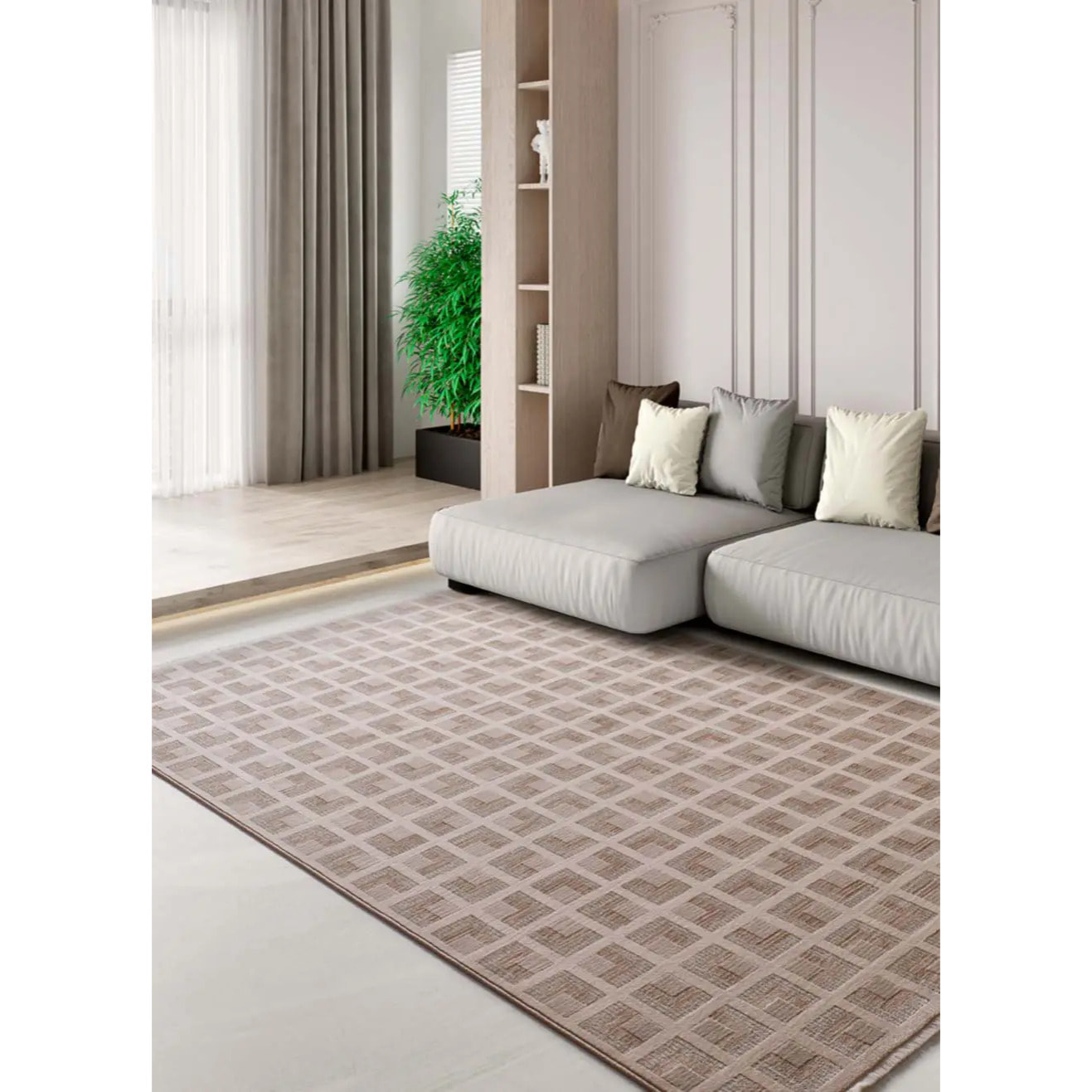 ONA Alfombra geométrica con flecos beige, varias medidas disponibles.