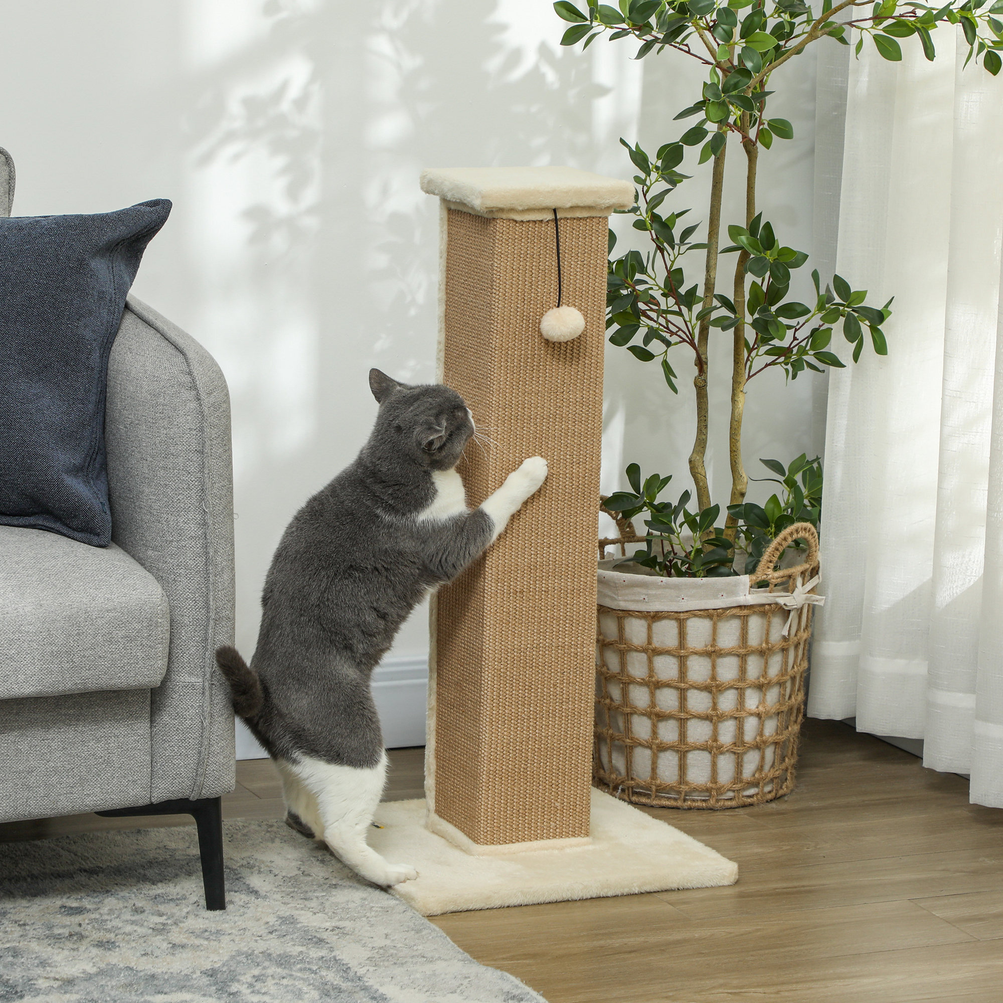 Griffoir tour pour chat H.81 cm - poteau à griffer avec jeu balle suspendue - peluche beige sisal naturel