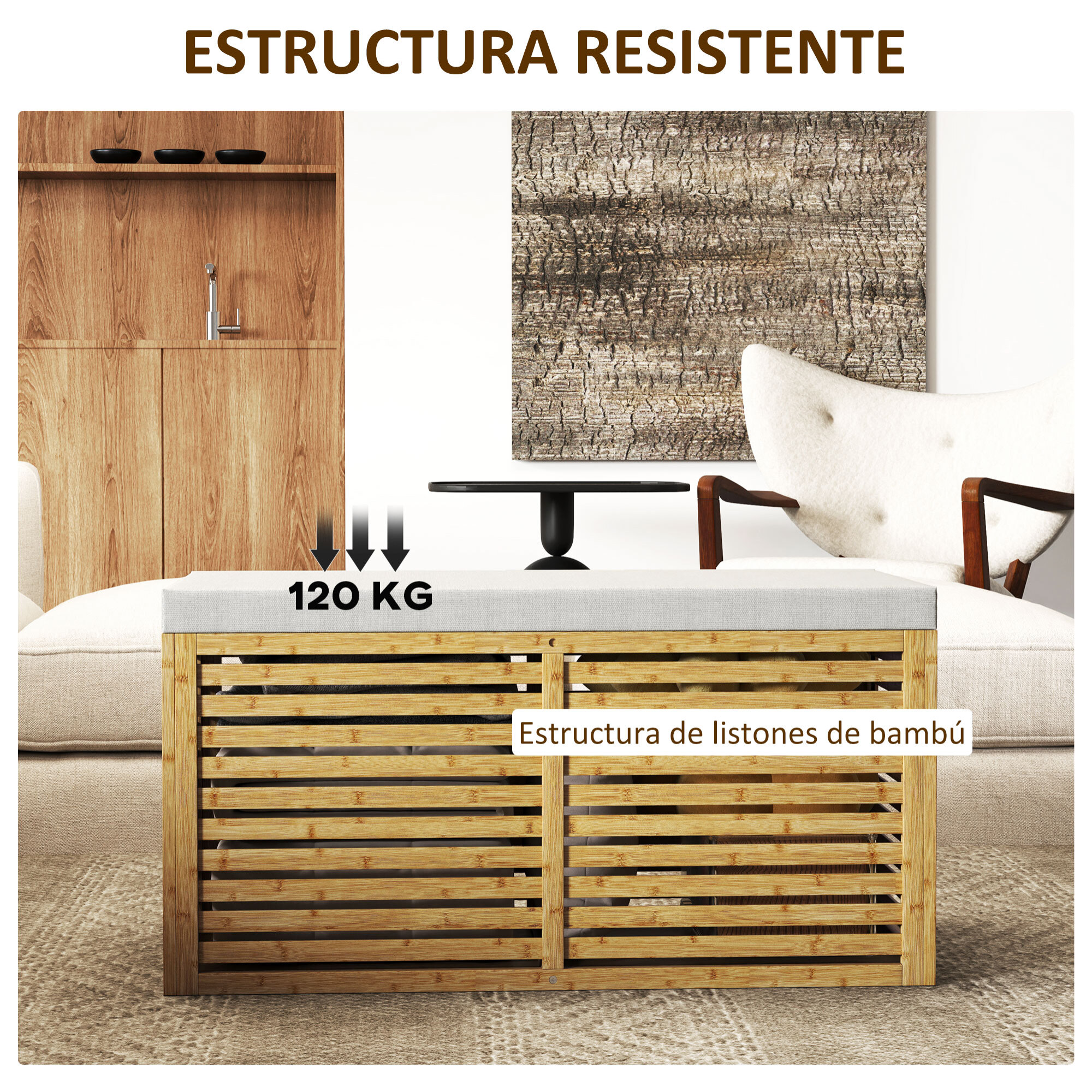 Baúl de Almacenaje para Dormitorio 122L Taburete de Almacenaje Tapizado en Lino Sintético con Cojín Marco de Bambú para Entrada Salón 90x42x43 cm Gris y Natural