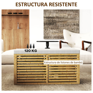 Baúl de Almacenaje para Dormitorio 122L Taburete de Almacenaje Tapizado en Lino Sintético con Cojín Marco de Bambú para Entrada Salón 90x42x43 cm Gris y Natural