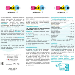 PEDIAKID - Sirop Nervosité -Complément Alimentaire Naturel - Formule Exclusive au Sirop d'Agave - Favorise l'Apaisement - Réduit l'Agitation - Arôme Naturel Cassis - Flacon de 125 ml