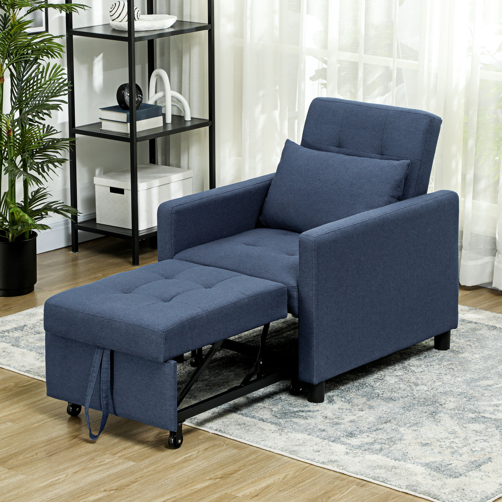 Fauteuil chauffeuse canapé-lit convertible 1 place dossier inclinable 3 positions coussin inclus polyester coton bleu