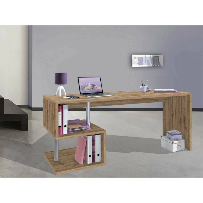 Scrivania Poseidone, Scrittoio lineare porta PC, Tavolo multiuso per ufficio, Scrivania salvaspazio multiposizione, 100% Made in Italy, cm 180x60h78, Rovere