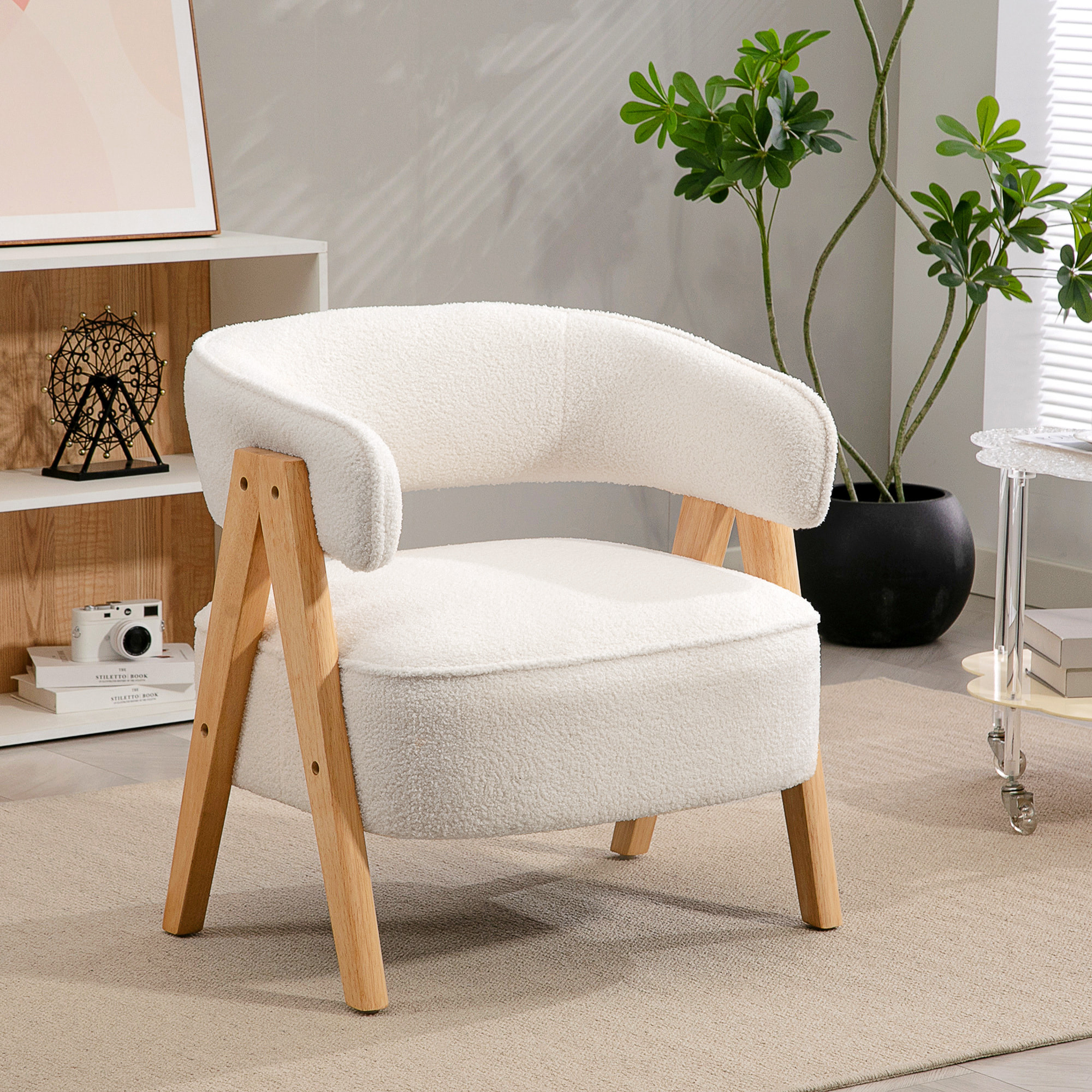 Butaca de Salón Tapizada en Borreguito, Sillón de Lectura Acolchado Grueso y Moderno, Asiento Ancho, Patas de Madera, Respaldo Curvado, para Dormitorio, Oficina, Blanco