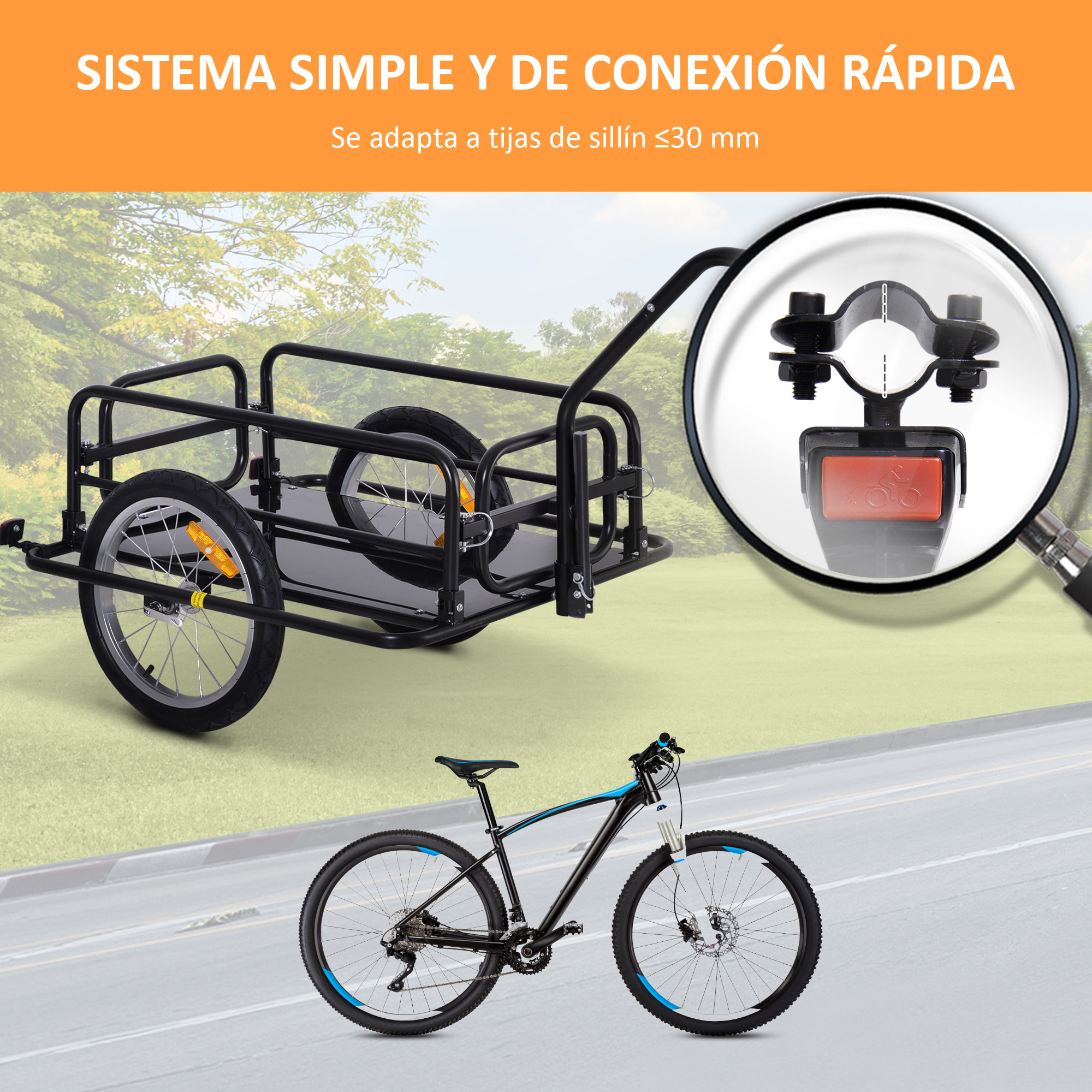 Remolque de Carga para Bicicleta Carro para Bicicleta Plegable con 2 Ruedas Reflectores Seguros Carga 40 kg 155x71,5x77 cm Negro