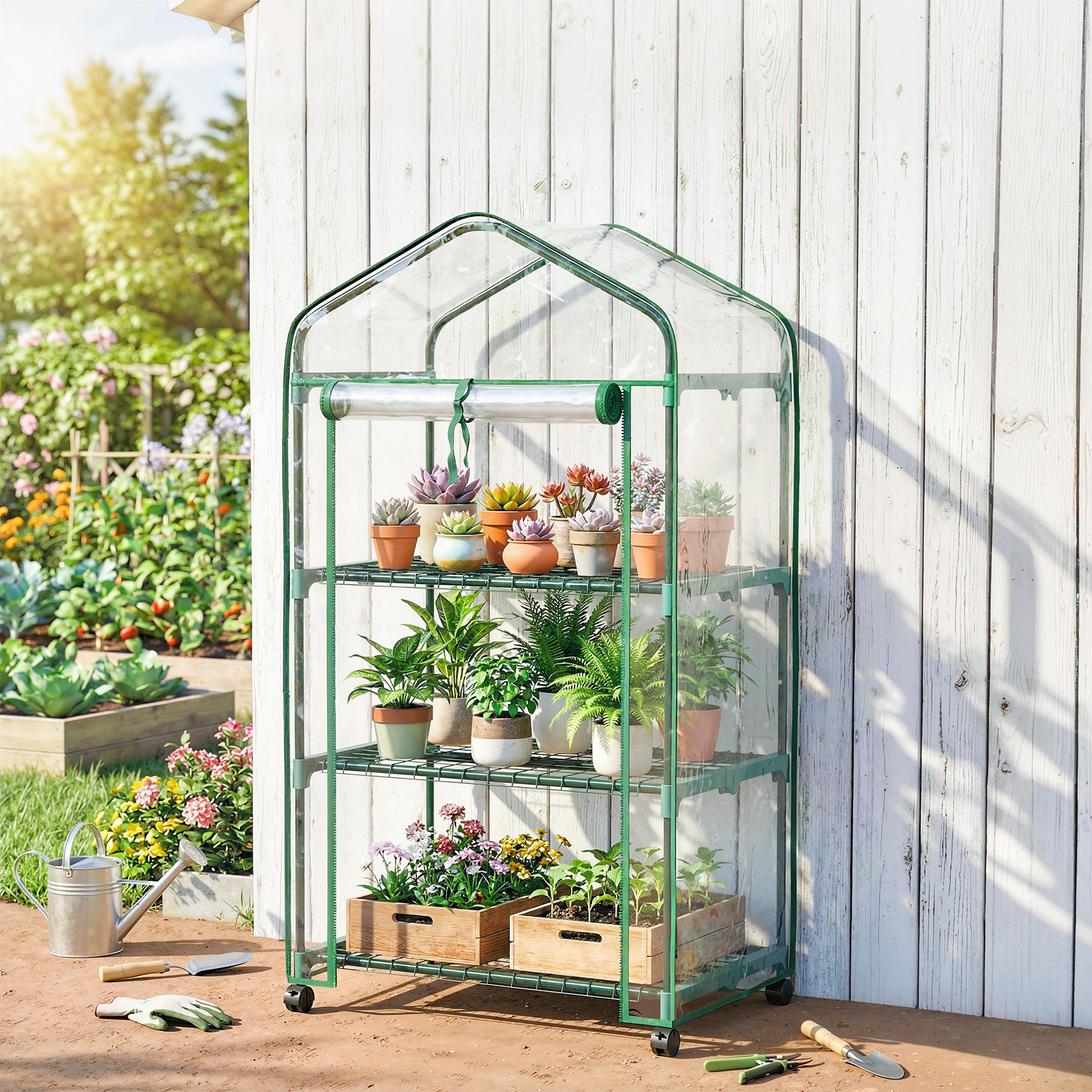 Mini serre de jardin 3 étagères porte enroulable 4 roulettes PE transparent