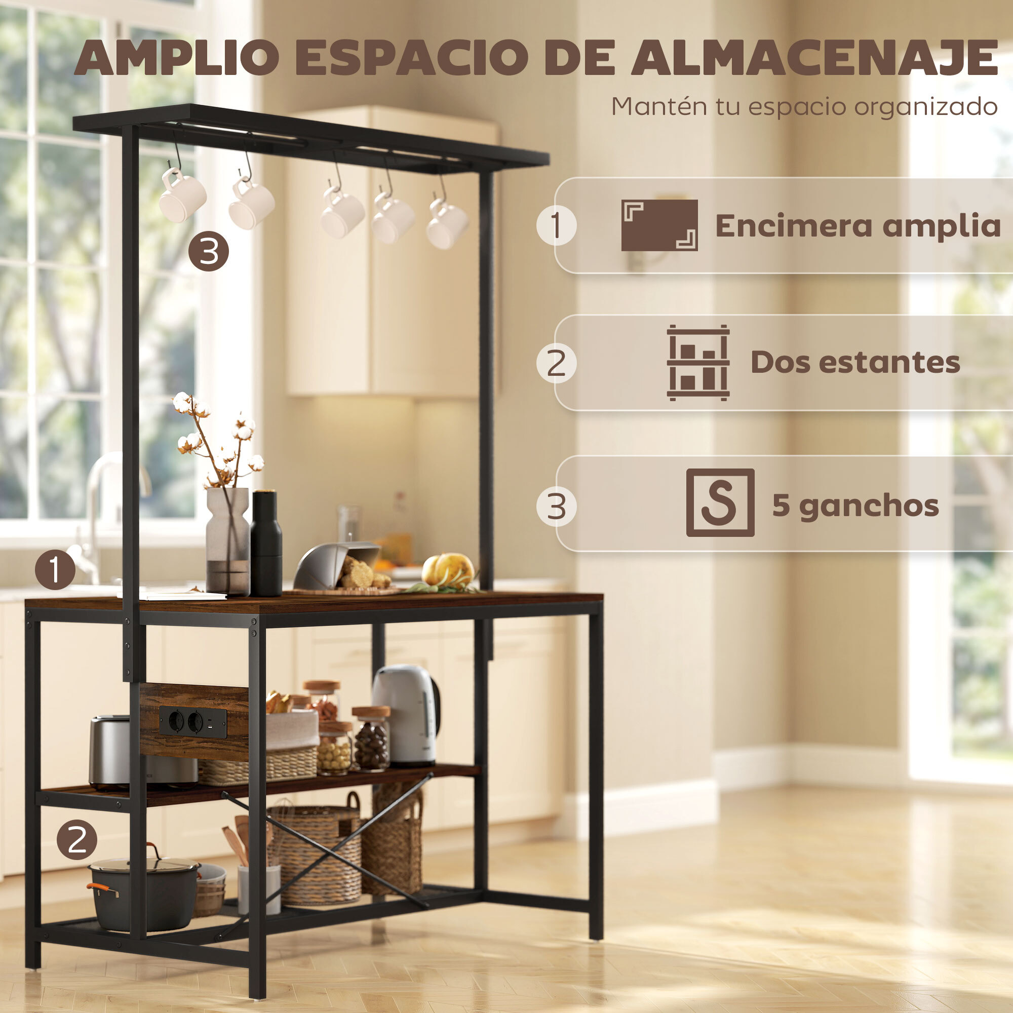 Estantería de Cocina con Toma de Corriente Estante de Cocina Industrial con Estantes Ganchos Mueble Auxiliar para Comedor Salón 116x70x182 cm Marrón Rústico