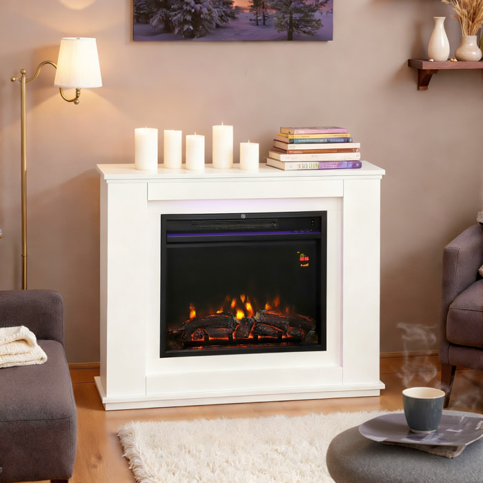 Chimenea Eléctrica Empotrable con Efecto de Llama de 5 Niveles de Brillo y 12 Colores, Chimenea Decorativa, 1000/2000W, Temporizador, Termostato Digital, Mando a Distancia, para 30 Ã£Å½Â¡, Blanco