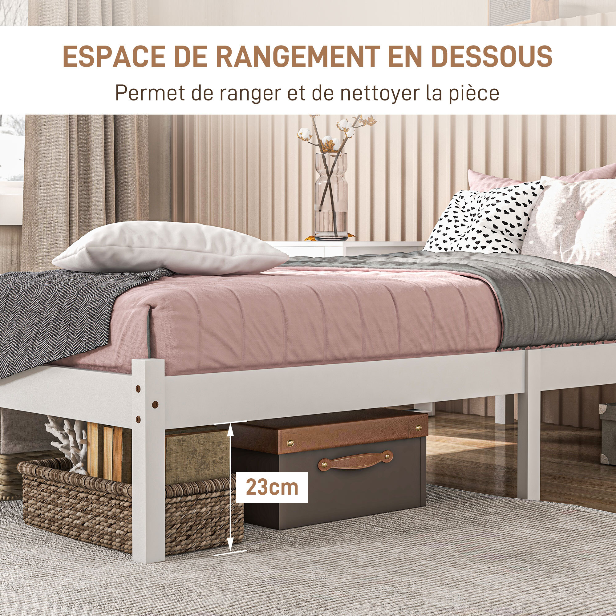 Lit simple design - tête de lit, sommier inclus - dim. 198L x 96l x 70H cm - compatible matelas 190L x 90l cm - bois blanc