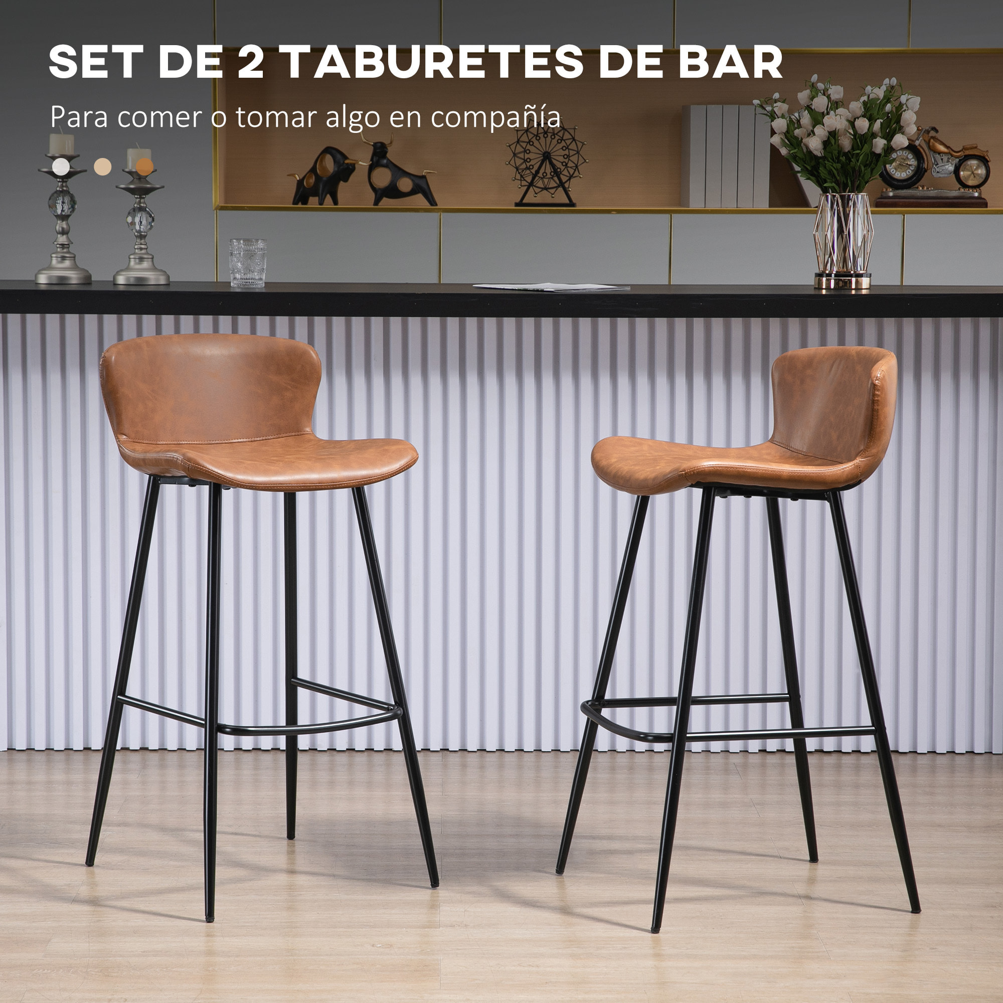 Conjunto de 2 Taburetes Altos de Cocina Sillas Altas de Cocina con Respaldo Tapizado en PU Carga 120 kg para Bar Salón Comedor Marrón