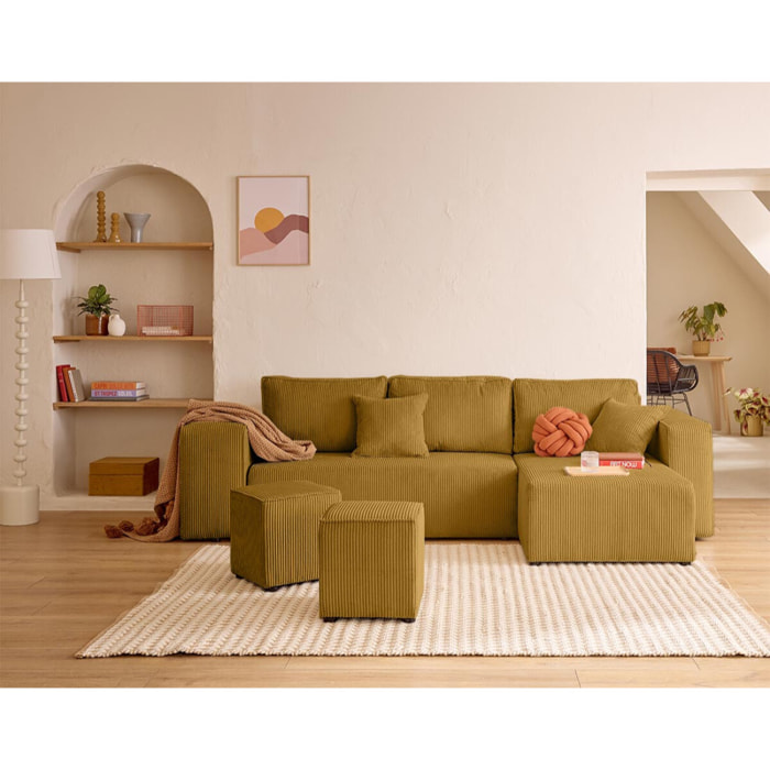 Topaze - canapé d'angle réversible 4 places - convertible avec coffre, tablette et poufs - en velours côtelé - Jaune