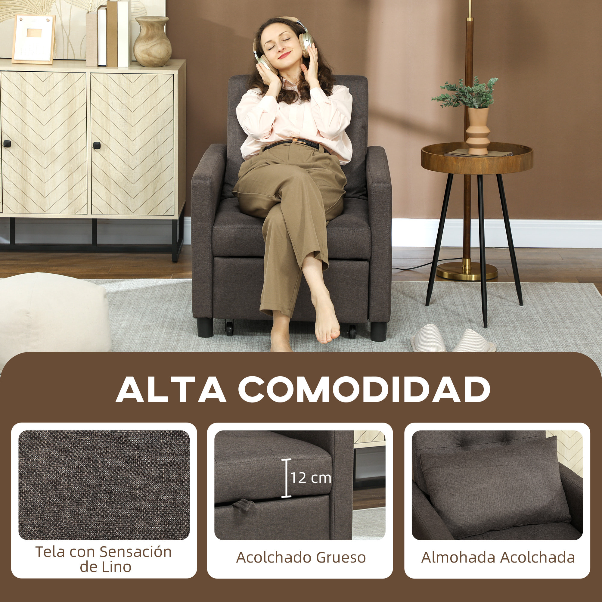 Sofá Cama de 1 Plaza 3 en 1, Sillón Cama Tapizado en Lino, con Respaldo Ajustable de 3 Niveles, Almohada Acolchada, para Oficina, Dormitorio, Salón, 69x82,5x84 cm, Marrón Oscuro