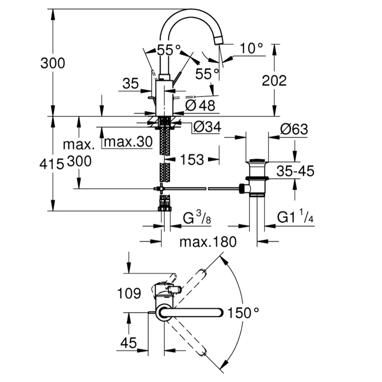 Mitigeur monocommande Lavabo Eurosmart Cosmopolitan, Taille L