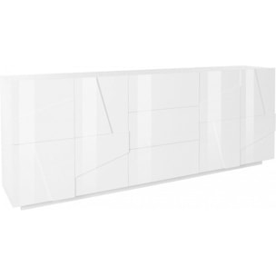 Credenza moderna a 4 ante e 3 cassetti, Made in Italy, Madia da cucina con dettaglio, Buffet di design da soggiorno, cm 224x44h86, colore Bianco lucido