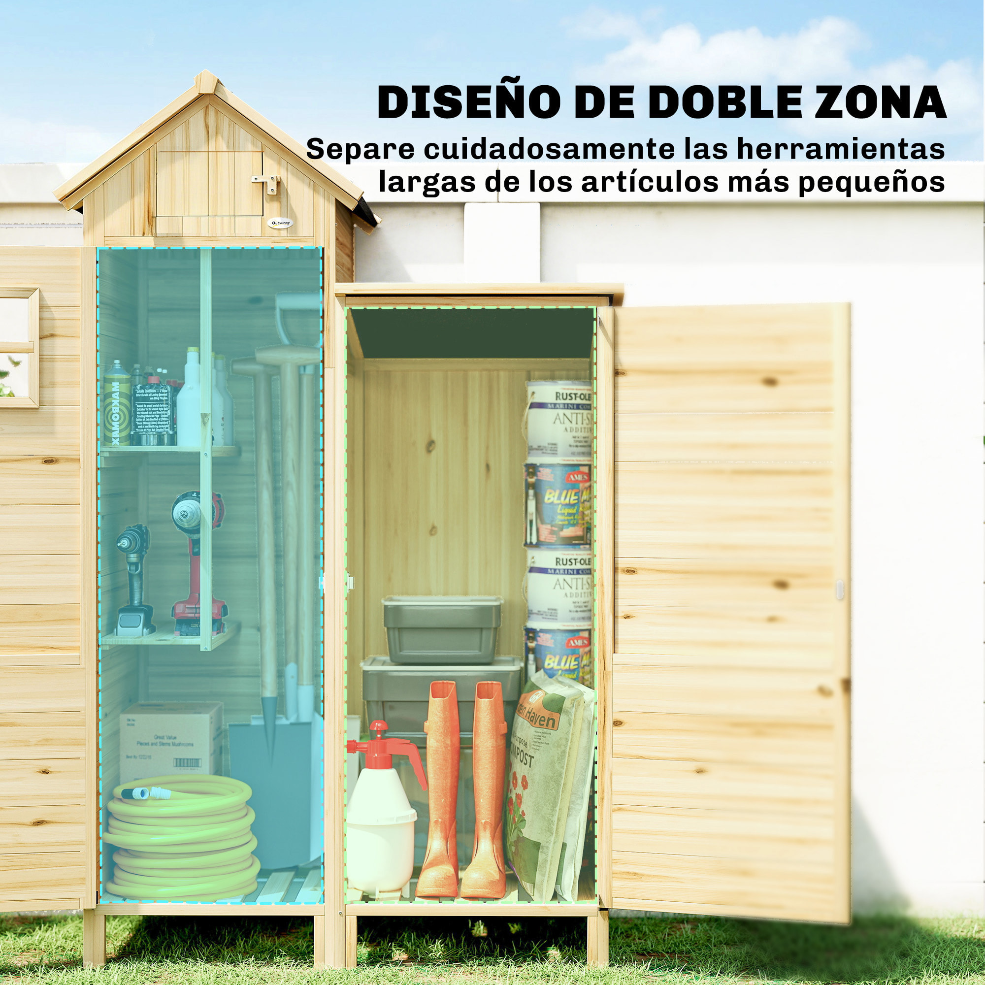 Caseta de Jardín de Madera 106x57x167 cm, Cobertizo Jardín Exterior, Armario para Herramientas con Doble Zona, Puertas, Estantes Desmontables, Techo Asfáltico Impermeable y Ventana, Natural