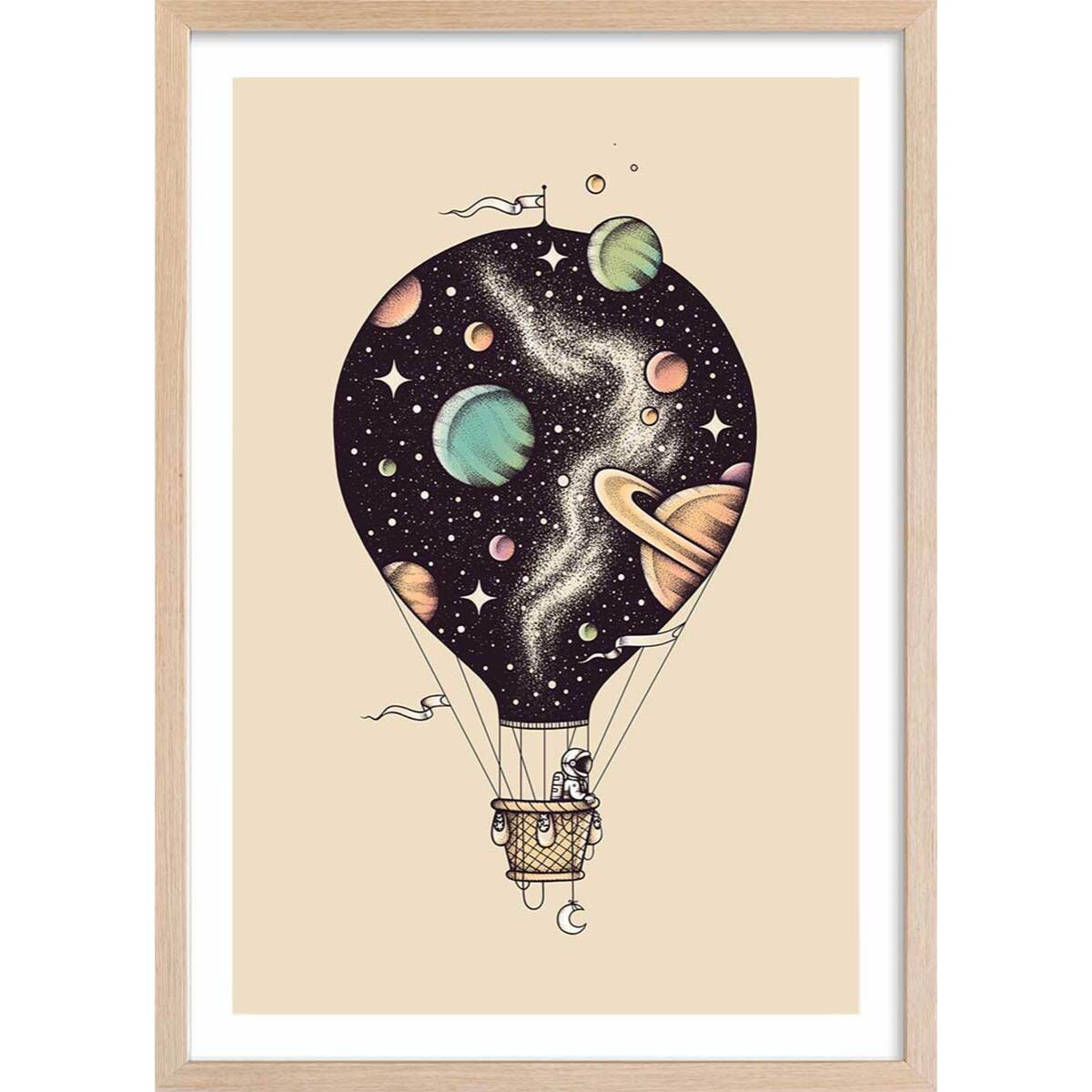 Affiche enfant montgolfiere en cosmos  Affiche + cadre en bois - Chêne