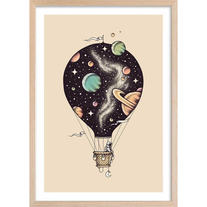 Affiche enfant montgolfiere en cosmos  Affiche + cadre en bois - Chêne
