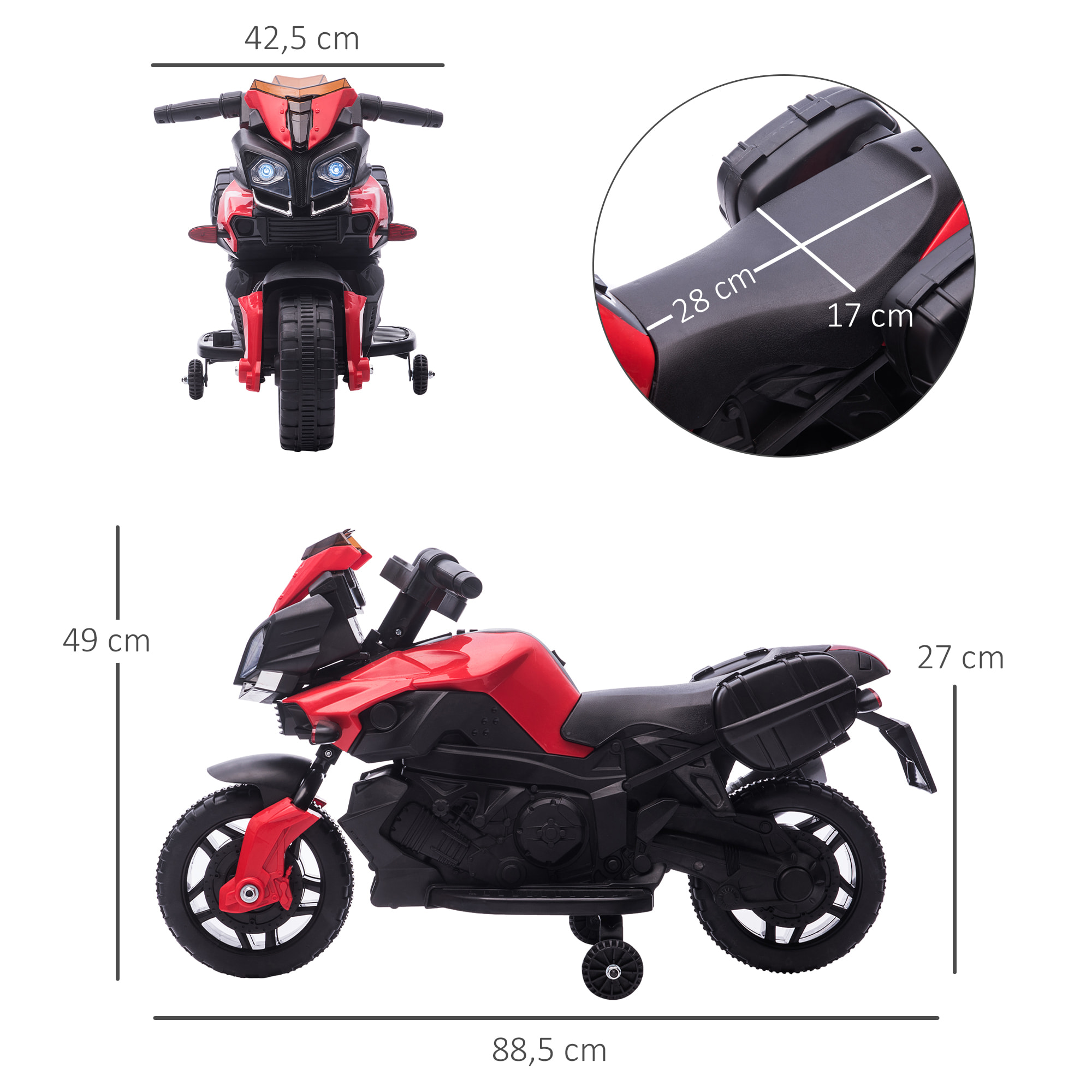 Moto Eléctrica para Niños de 18-48 Meses 6V con Faros Bocina 2 Ruedas de Equilibrio Velocidad 3 km/h Avance y Retroceso Motocicleta de Juguete Carga 25 kg 88,5x42,5x49 cm Rojo