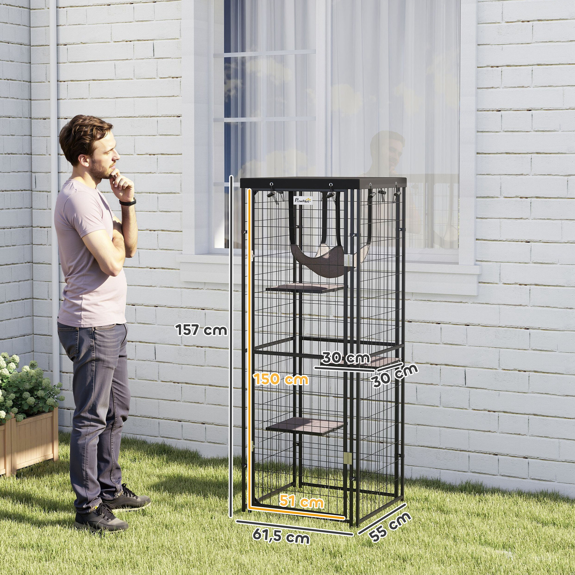 Jaula para Gatos para Exterior e Interior Recinto para Gatos con Cubierta Impermeable 3 Plataformas Hamaca Cojines y Puerta 61,5x55x157 cm Negro