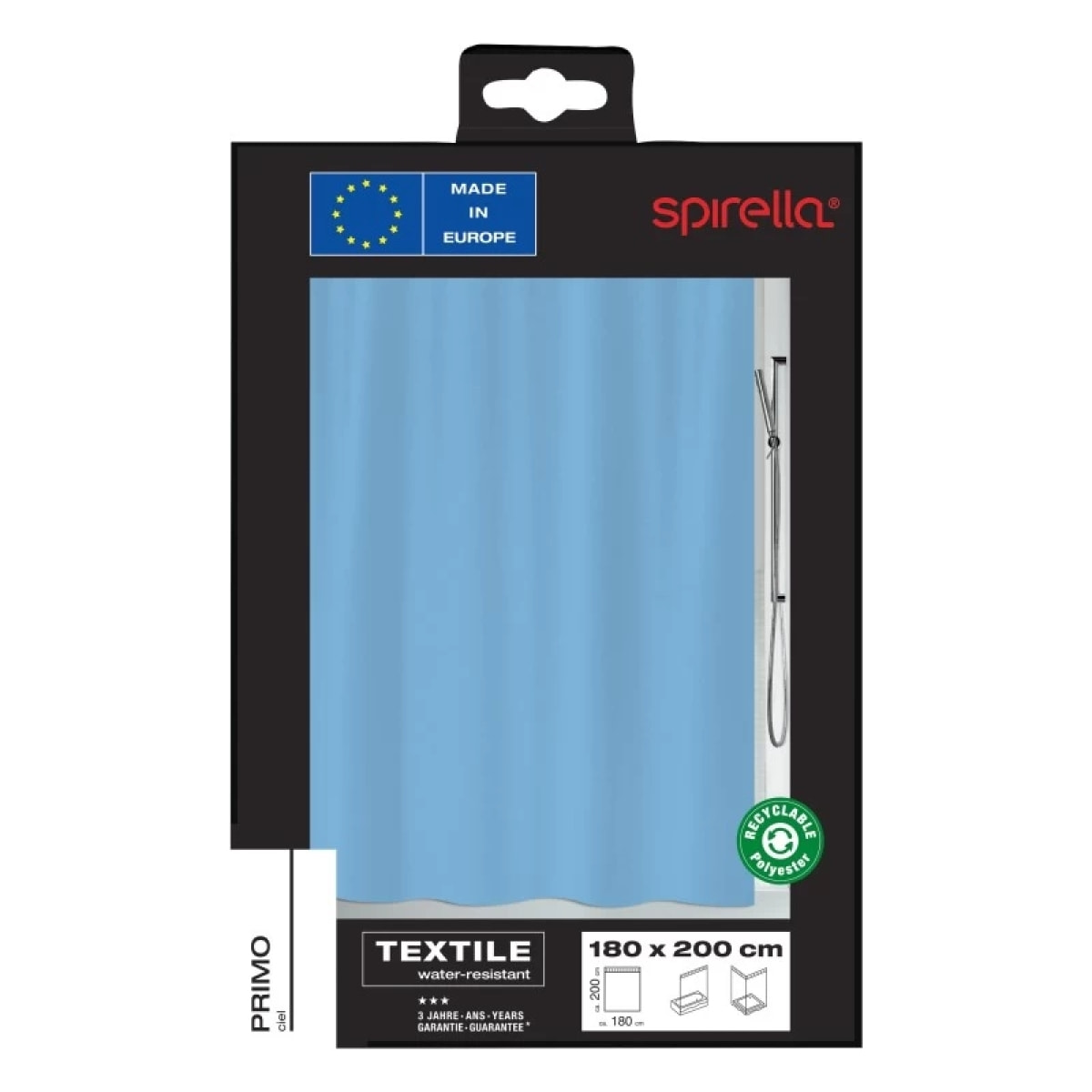 Rideau de douche Polyester PRIMO 240x200cm Bleu Ciel Spirella