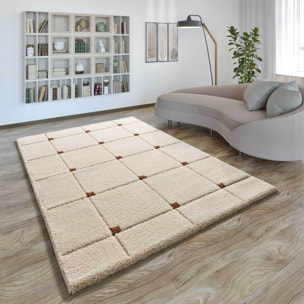 BRENDA Alfombra shaggy geométrica con relieve beige y motivos caldera, varias medidas disponibles