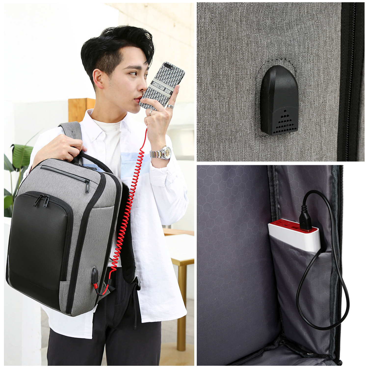 Zaino multiscomparto, porta laptop 15,6". Strato impermeabile. Adattabile a Trolley. Presa USB esterna.