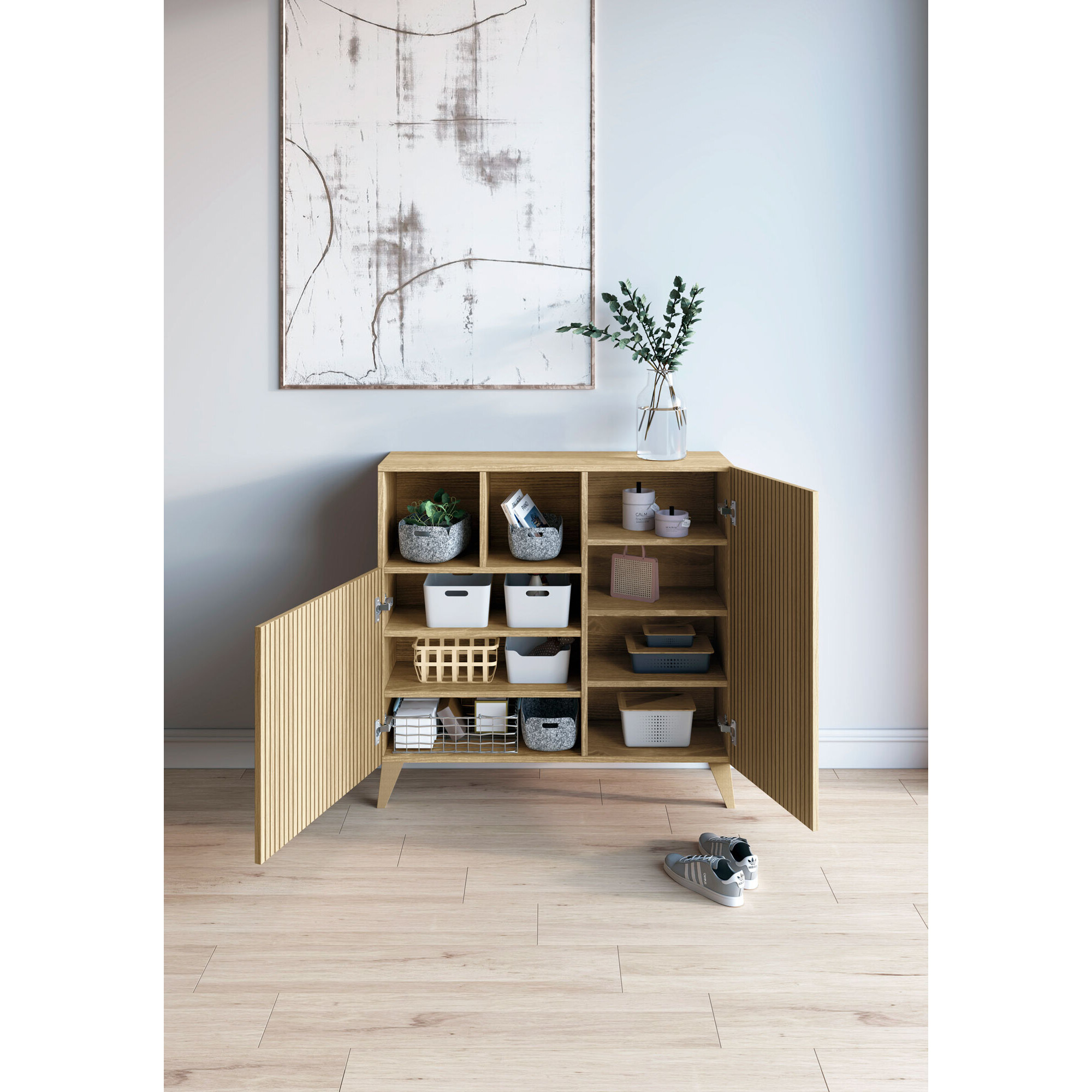 Zapatero Moss melamina roble dorado puertas impresión vallado 87x90x27 cm