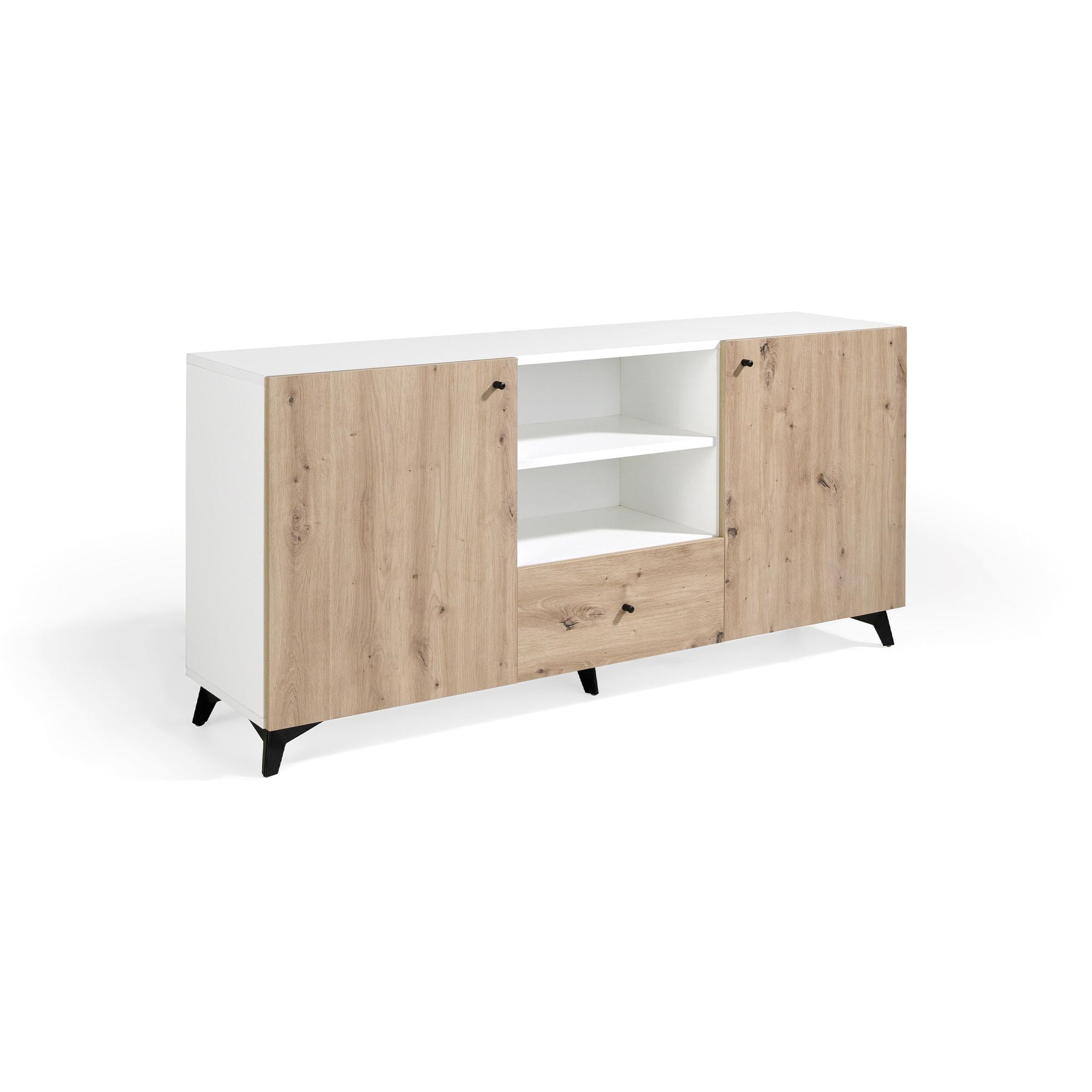 Aparador HANOVER - 2 puertas, 2 huecos y 1 cajón - roble y blanco polar - 160x40x76cm