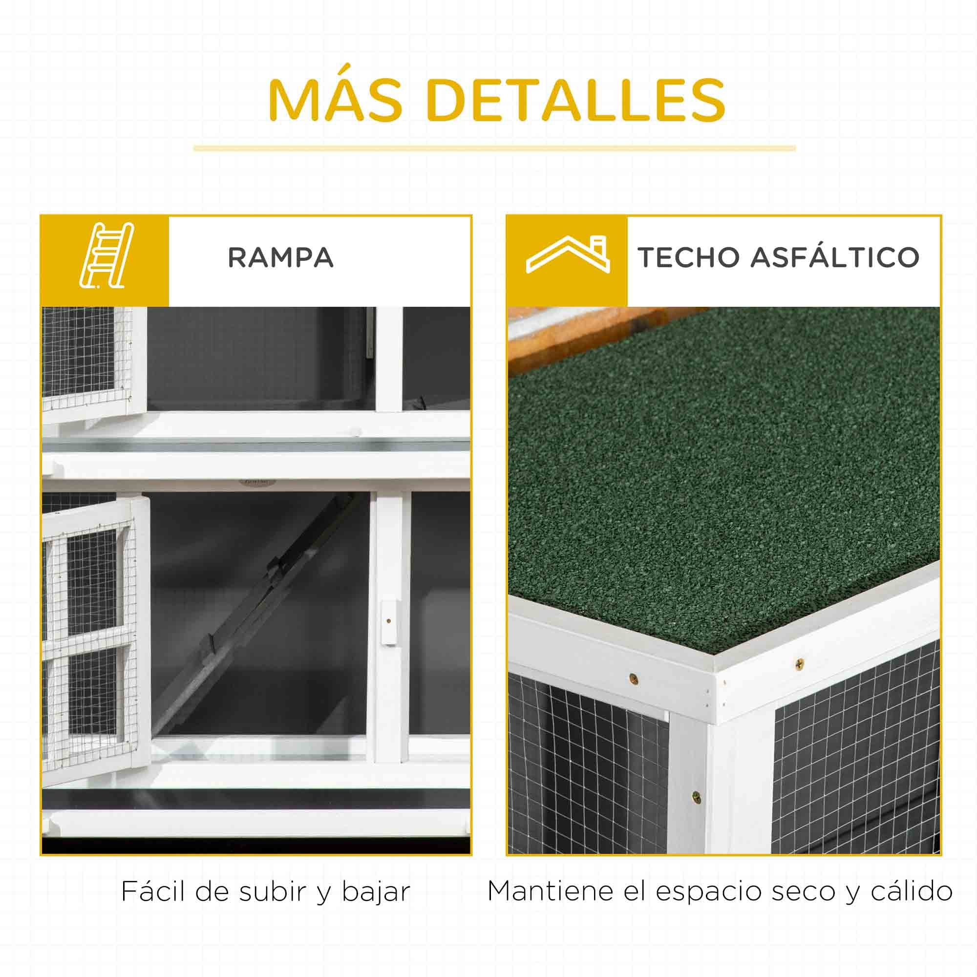 Conejera de Madera de 2 Niveles Jaula para Conejos con Ruedas 2 Puertas Techo Abatible y 2 Bandejas Extraíbles Conejera para Interior y Exterior 119x50,5x109 cm Blanco y Gris