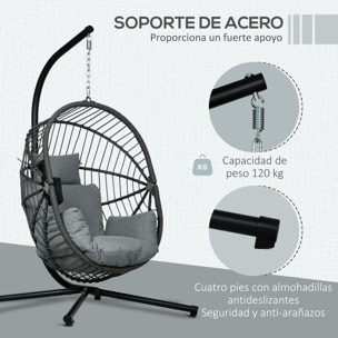 Silla Colgante Huevo con Soporte Columpio Jardín Exterior con Cesta Plegable Cojín y Reposacabezas Columpio Colgante para Interior y Exterior Carga 120 kg Gris