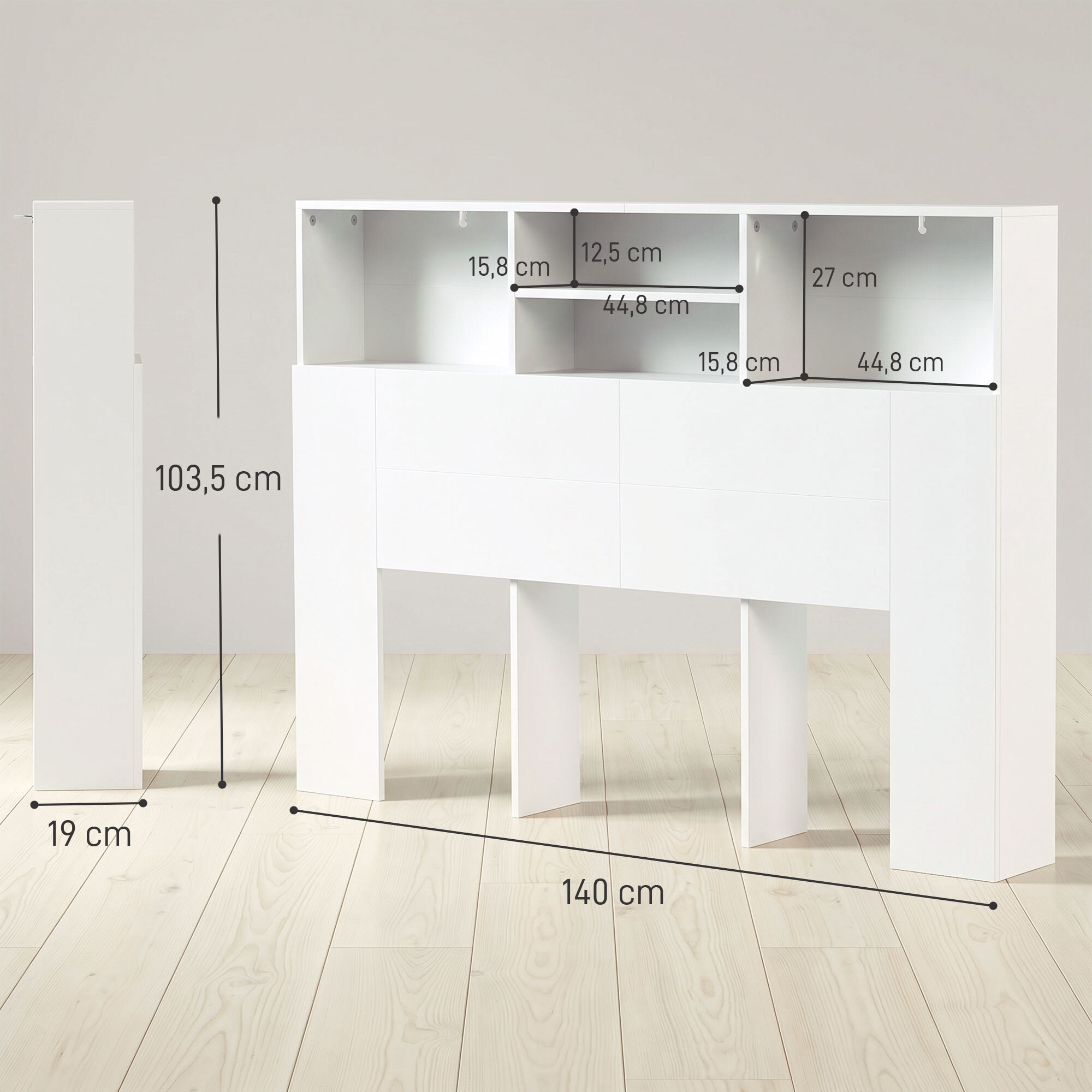 HOMCOM Cabecero de Cama 140 cm con Almacenaje, Cabezal de Cama con 4 Compartimentos Abiertos, Cabecero Moderno para Dormitorio, Blanco