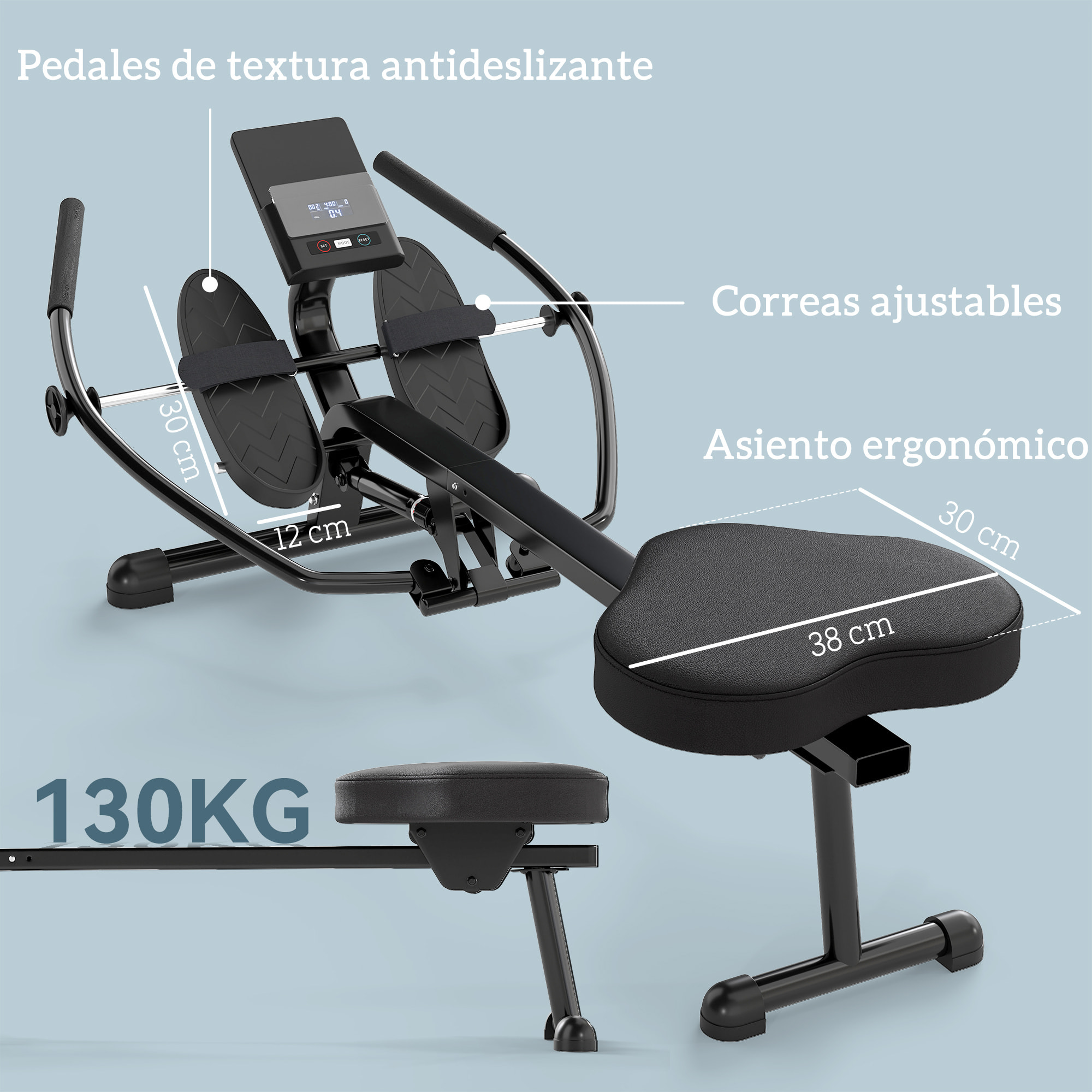 Máquina de Remo para Casa, 12 Niveles de Resistencia Hidráulica, Máquina de Remo con Pantalla LCD, para Entrenaminto de Fitness, en Hogar Gimnasio, Carga 130 kg, Negro
